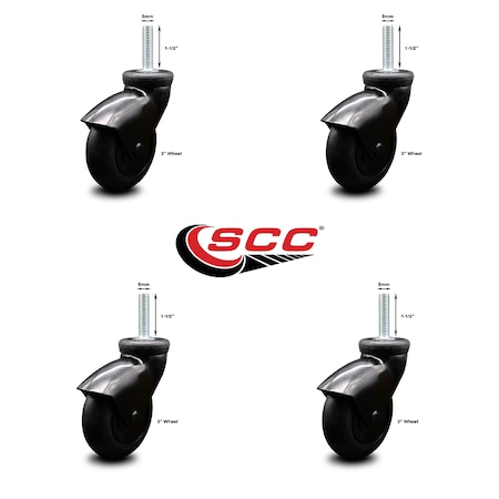 Service Caster 3 Inch Black Hooded Neoprene Rubber 8mm Threaded Stem Casters SCC, 4PK SCC-TS03S310-NPRB-BK-M815-4